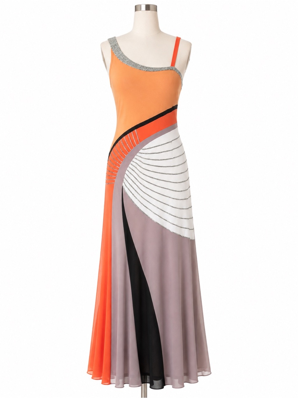 Mignon One-Shoulder Orange & Mauve Geometric Maxi Dress